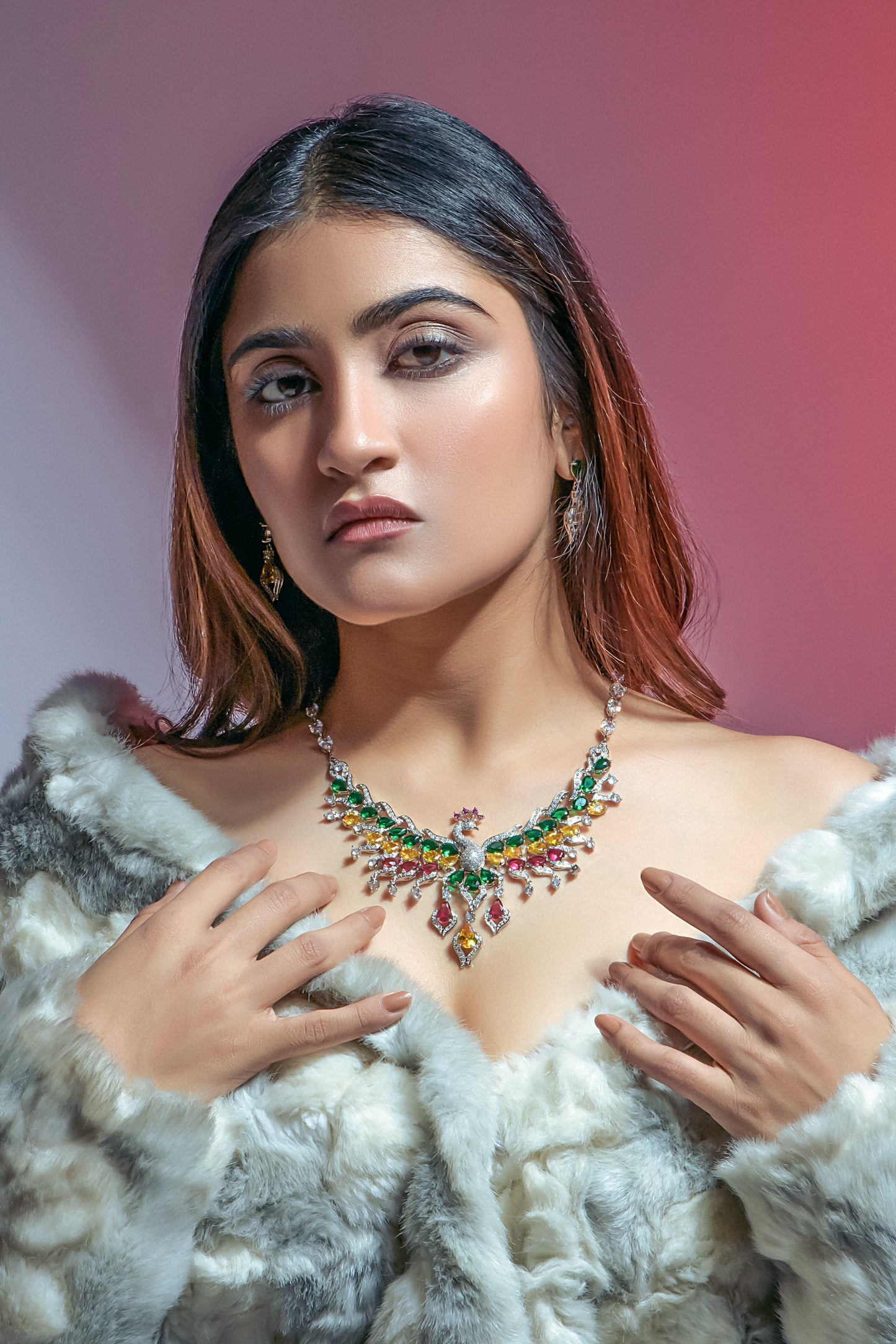 jewelvyn Silver Plated Studded With Zirconia Diamond With Multi Colour Necklace