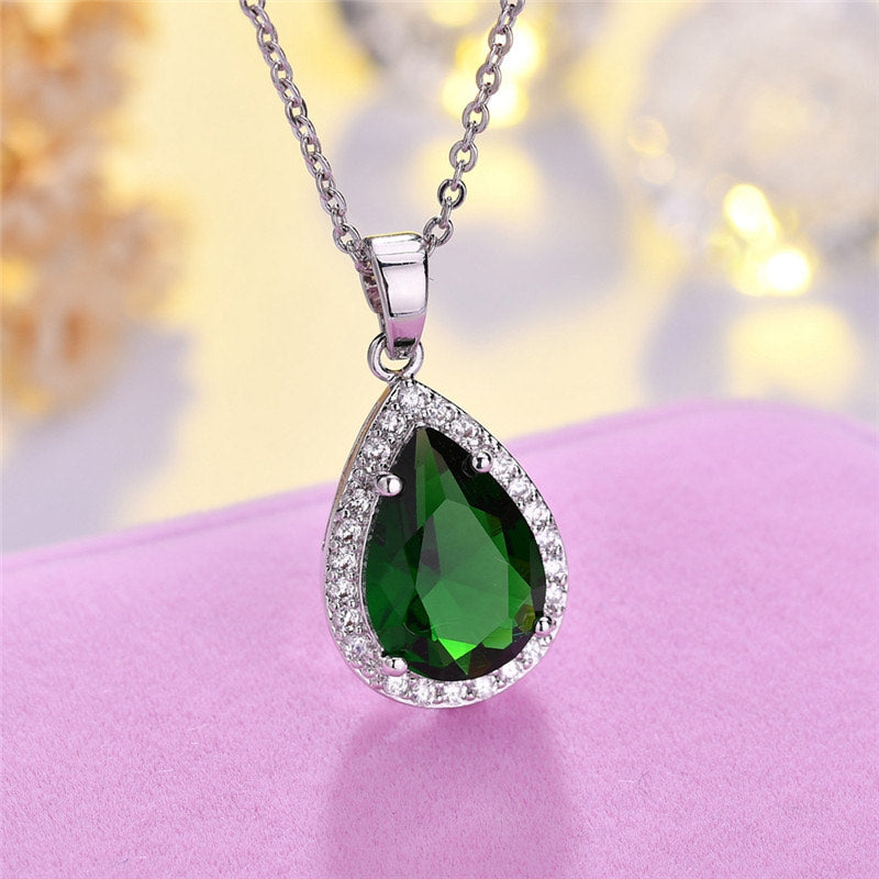 jewelvyn Silver Plated Studded With Cubic Zirconia Diamond In Montana Or Emerald Color Stone Chain Pendant